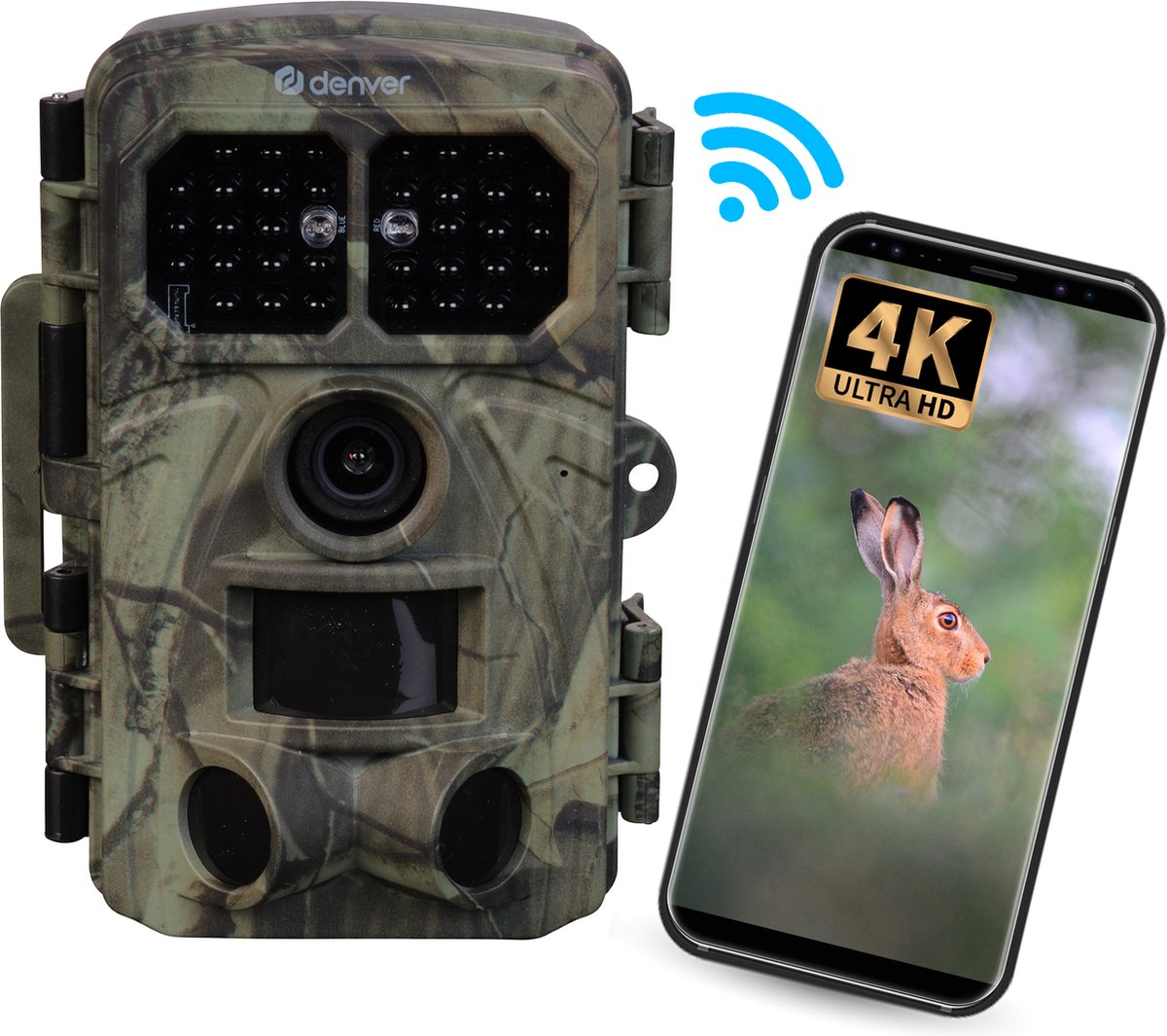Vooraanzicht van de Denver WCT8026 wildcamera met camouflagebehuizing